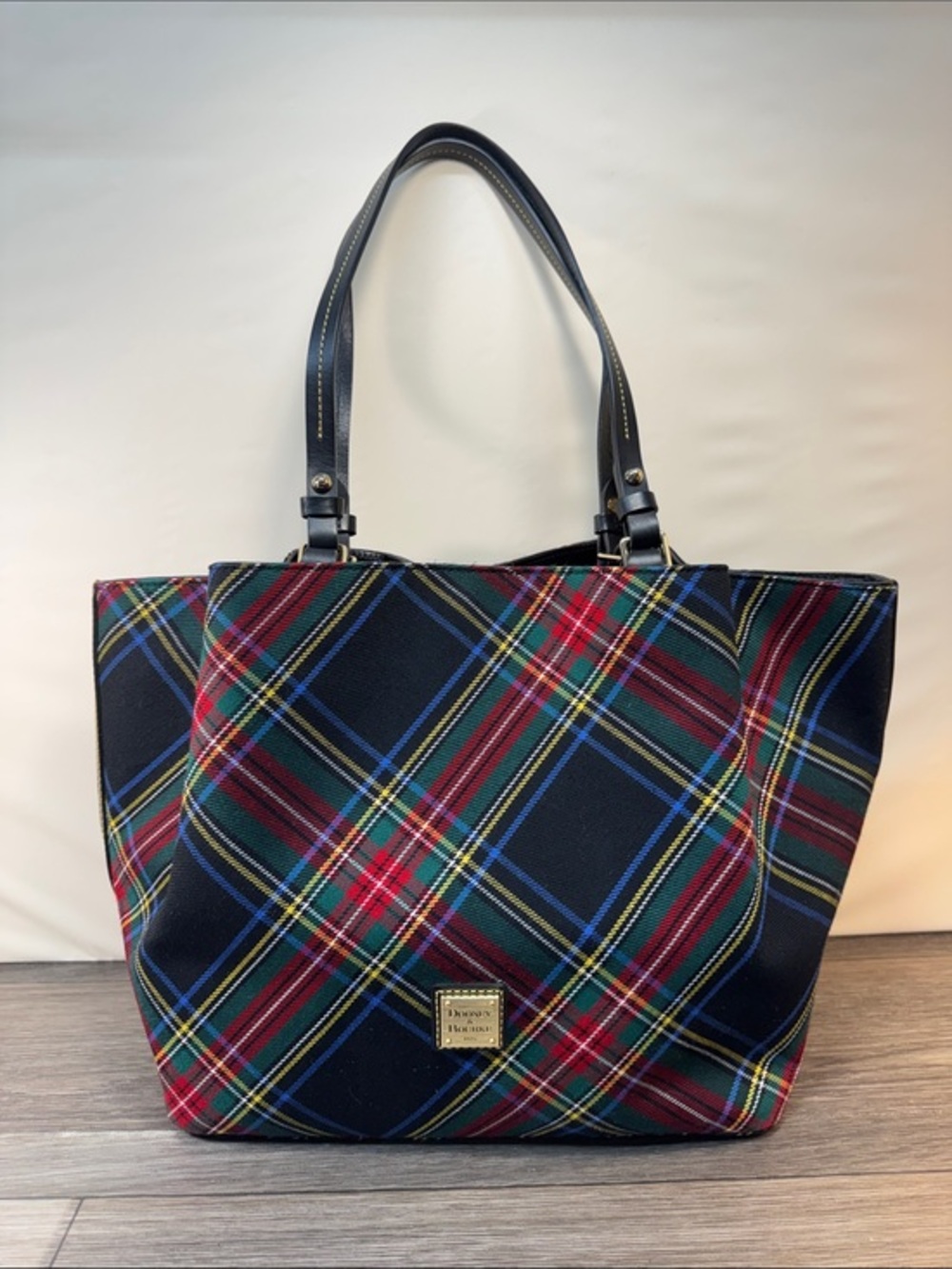 Dooney & Bourke black Tartan Tote with Red, Green, Blue & Yellow Plaid